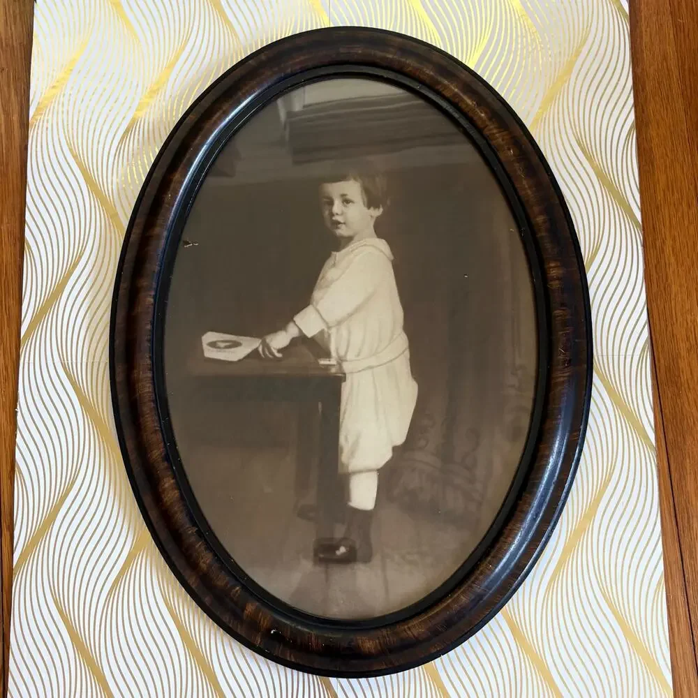 Antique Oval Child Portrait Tiger Oak Frame Sepia Photo 22.5
